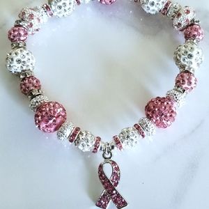 Rhinestone Breast Cancer Awareness Charm Bracelet